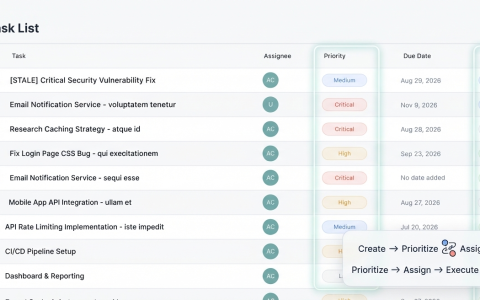 Screenshot of the Deskfactor platform showing the main Task Management dashboard with a list of software development tasks, including columns for Priority, Assignee, Due Date, and Status.